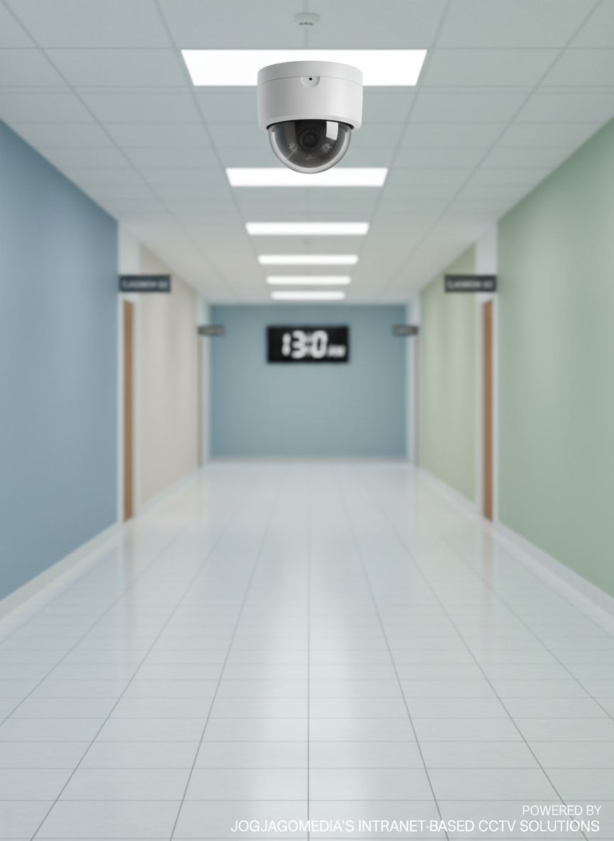 A bright, modern school corridor with light-colored tile floors and soft pastel walls, viewed from an eye-level perspective, showcasing a compact, vandal-resistant dome CCTV camera mounted on the ceiling junction between two hallways. Clear signage for classrooms and a large digital clock on the far wall are visible but softly out of focus, emphasizing the camera as the main subject. Overhead fluorescent panels provide diffused, neutral-white light, producing clean, soft shadows and subtle reflections on the camera’s acrylic dome. The photographic realism, balanced composition, and calm atmosphere underline safe, monitored learning environments powered by Jogjagomedia’s intranet-based CCTV solutions.