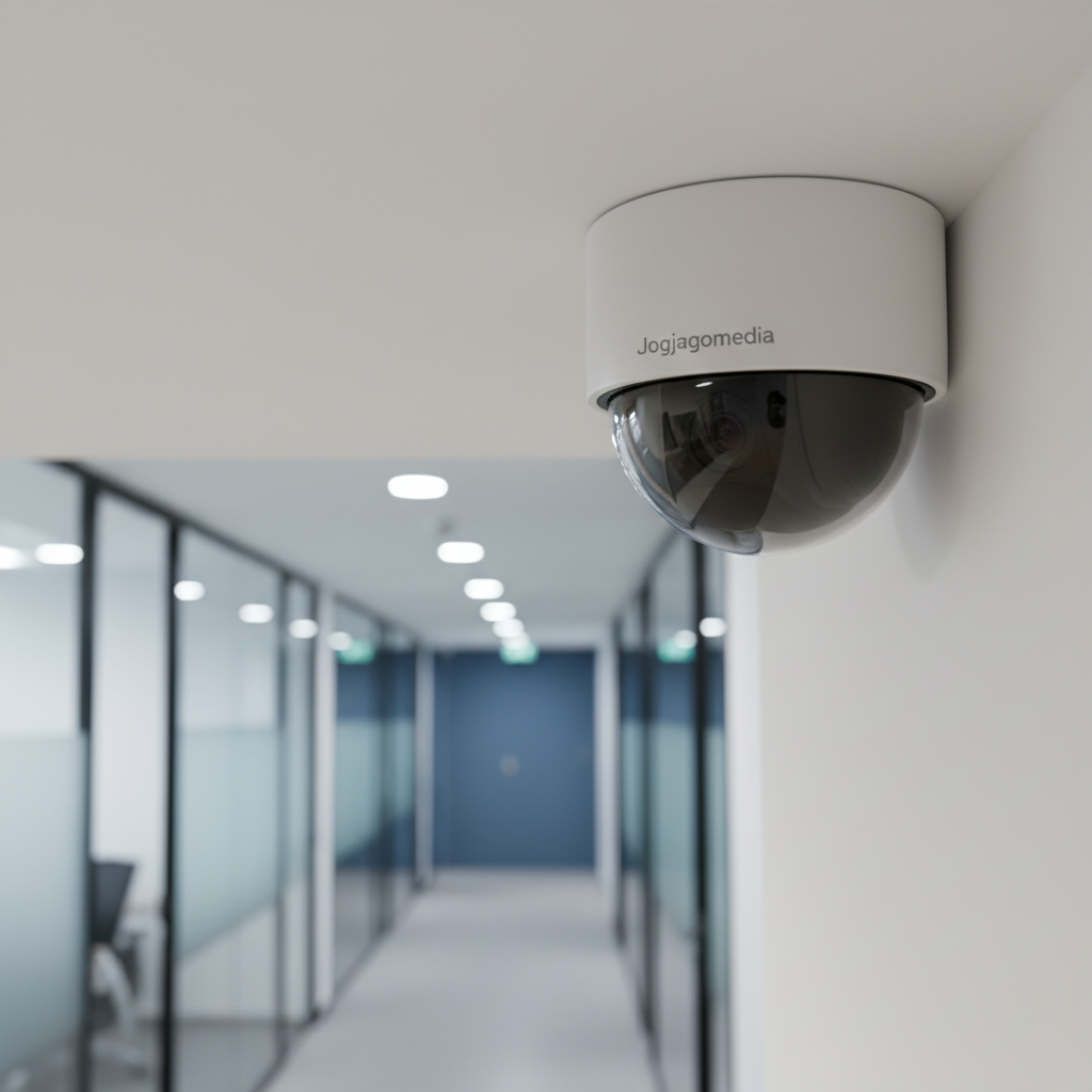 A high-resolution close-up of a compact, white dome CCTV camera with a glossy, smoked lens cover and subtle Jogjagomedia branding on the side, mounted on a smooth, off-white ceiling corner. In the softly blurred background, a modern office corridor with glass partitions and muted blue walls stretches into the distance. Cool, diffused ceiling lights create gentle highlights along the camera’s curved housing and cast a faint shadow on the junction between wall and ceiling. Captured from a slightly low-angle perspective, the image feels secure and watchful, with photographic realism and a clean, professional mood suitable for a corporate intranet CCTV service.