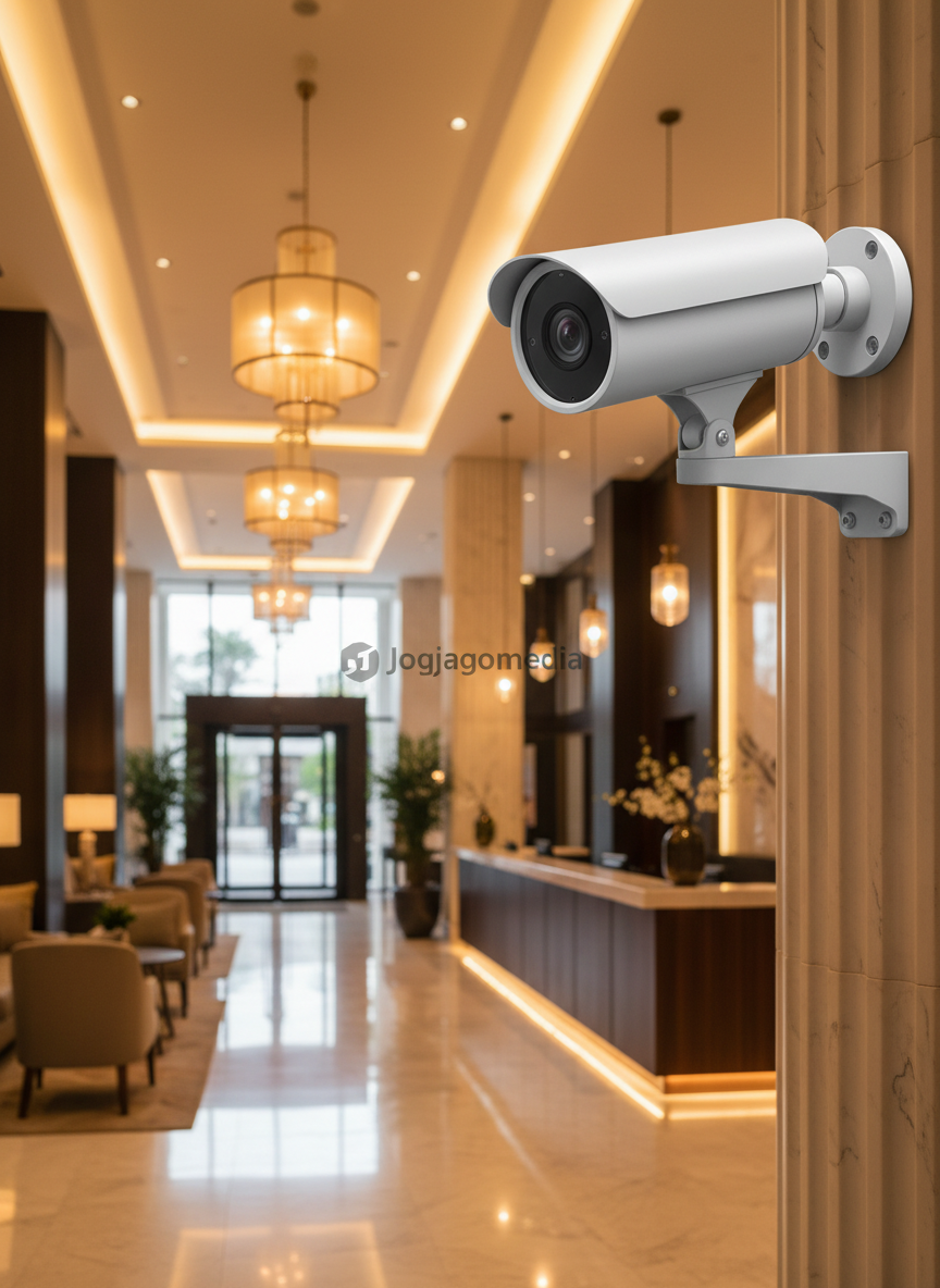 A polished hotel lobby interior captured from a wide-angle perspective, with a discreet white bullet CCTV camera mounted high on a marble column, aimed toward the entrance. The camera’s metal bracket and weather-sealed housing are rendered in crisp photographic detail, with the Jogjagomedia logo subtly printed on the side. Warm pendant lights and recessed ceiling lighting bathe the lobby in a soft golden glow, reflecting off the marble floor and wooden reception desk. The camera is framed on the upper third of the image, with the rest of the scene softly blurred to emphasize surveillance coverage while maintaining a luxurious, professional mood suitable for high-end building intranet CCTV installations.
