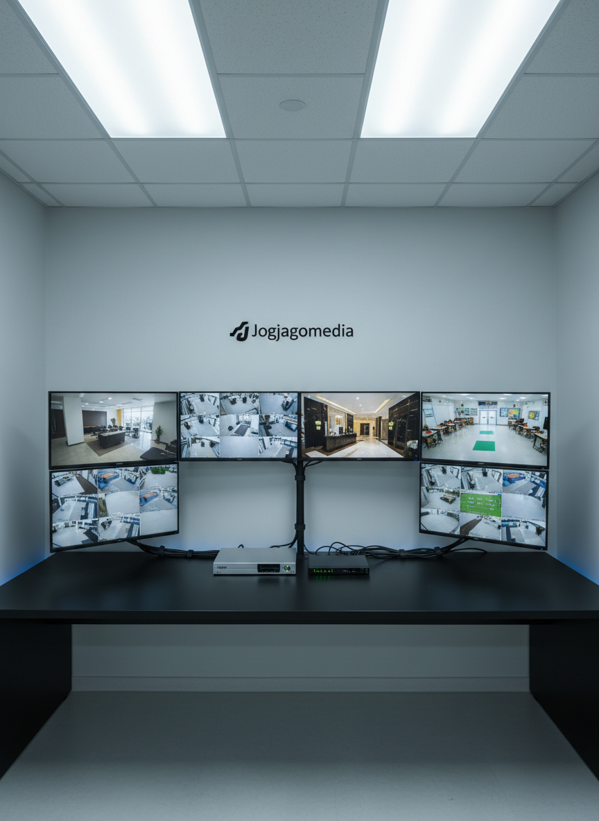 An expansive, overhead view of a minimalist security control room featuring a wide, matte-black desk with multiple thin-bezel monitors displaying crisp CCTV feeds from an office, hotel, and school building. Below the screens, a labeled network video recorder and compact network switch sit on the desk, connected by neatly managed cables. The room is illuminated by soft, cool-toned ceiling panels and subtle under-desk LED strips, creating a calm, focused atmosphere with gentle shadows. The walls are painted light gray with a small Jogjagomedia logo decal near the monitors. Photographic realism, sharp focus, and a balanced composition express professionalism and centralized intranet CCTV management.
