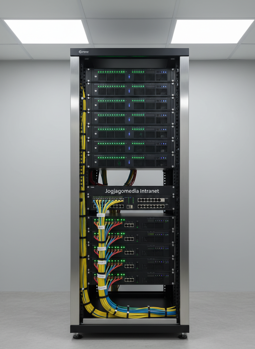 A sleek, modern server rack filled with neatly arranged black network switches and blinking green and blue status LEDs, positioned against a clean light-gray wall. Thick, color-coded Ethernet cables are carefully bundled and labeled, running into a central patch panel that clearly reads “Jogjagomedia Intranet”. Overhead, cool white LED panel lights cast even, professional illumination, creating subtle reflections on the metallic surfaces and soft shadows on the floor. Shot at eye level with sharp focus throughout, the composition follows the rule of thirds, emphasizing order and reliability. The photographic realism and clean, contemporary aesthetic convey a secure, high-performance intranet backbone for corporate CCTV systems.