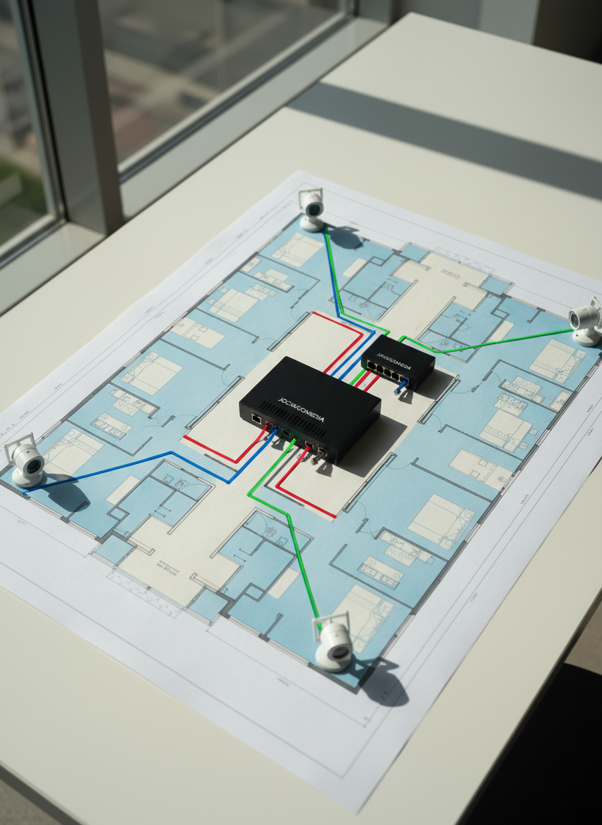 A clean, diagram-like overhead photographic composition of a building floor plan printed on a large white desk, with small, realistic 3D miniature CCTV cameras placed at strategic corners and corridors. Thin, colored lines represent intranet cabling paths leading to a compact, black network switch and NVR model at the center of the plan, both labeled with the Jogjagomedia name. Natural daylight from a nearby window creates soft, directional light across the paper, casting delicate shadows of the miniatures and highlighting the technical layout. The mood is analytical and professional, with sharp focus and a modern, minimalist aesthetic demonstrating thoughtful CCTV and intranet design for offices, hotels, and schools.