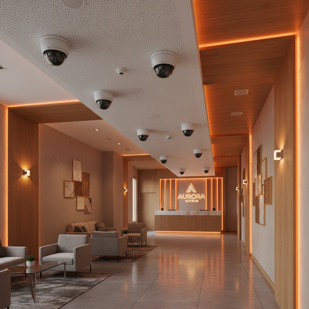 Kamera CCTV terpasang di langit-langit lobby hotel modern — instalasi sistem keamanan profesional