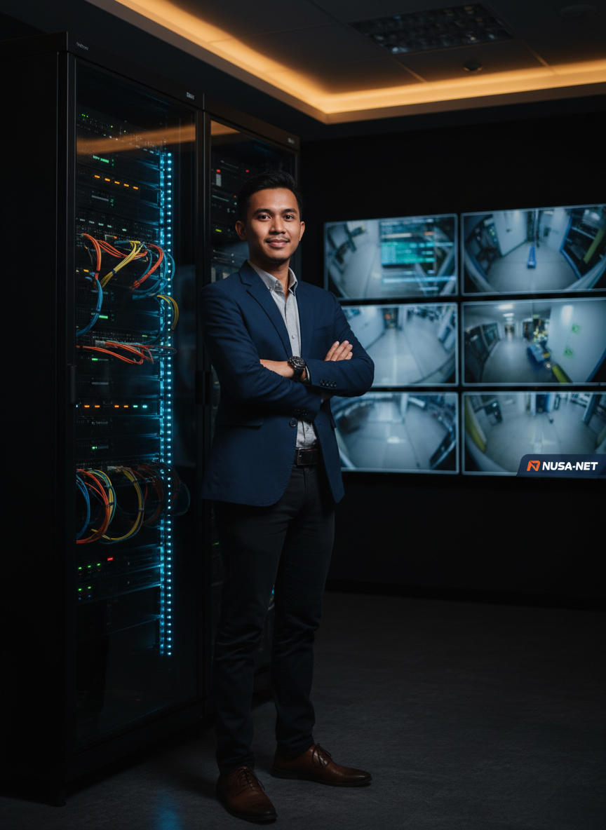 Profesional IT Jogjagomedia di depan server rack dan layar monitoring CCTV