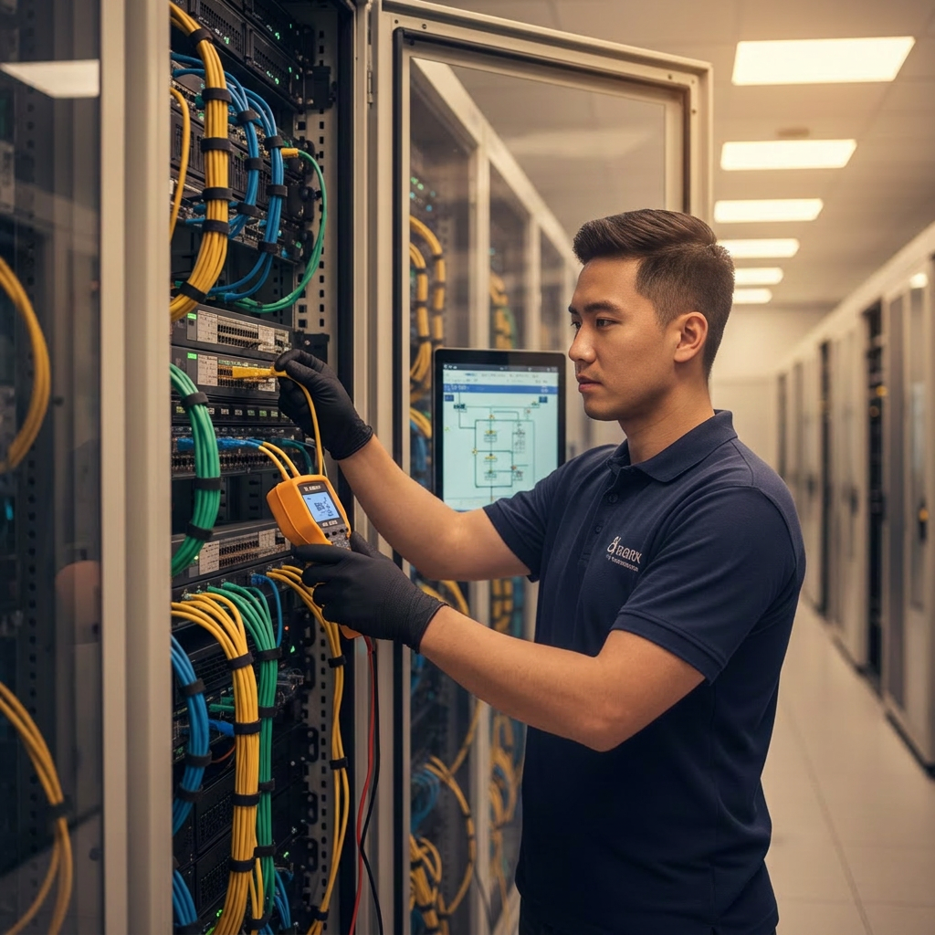 Professional photograph of an IT technician performing network maintenance, checking and testing cables in a server room or network cabinet. Hands working on patch panel, using a cable tester tool. Organized cables, clean professional environment. Corporate IT maintenance service aesthetic with warm professional lighting.